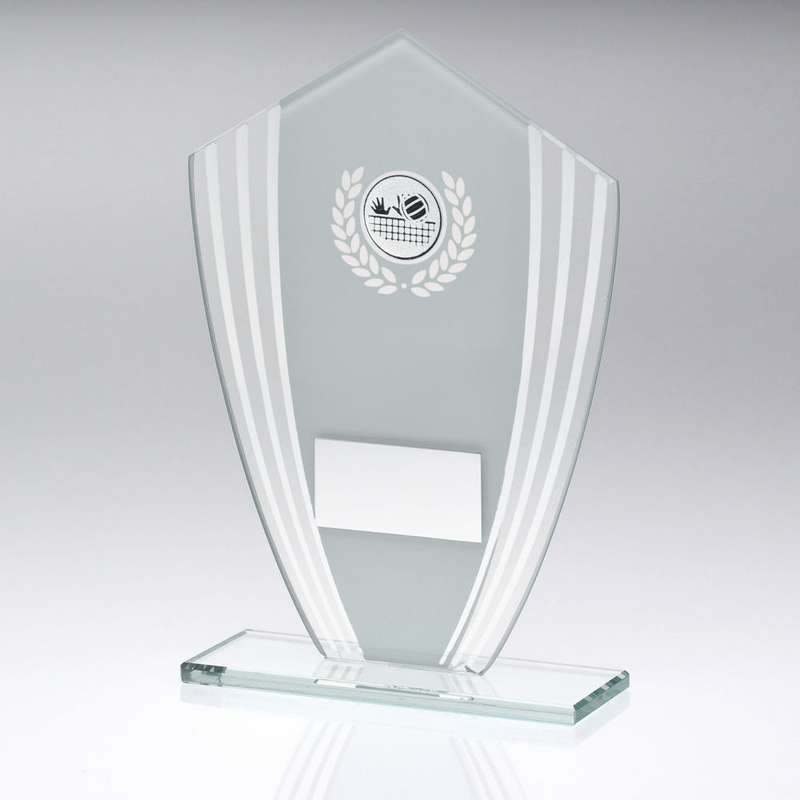 WHITE/SILVER GLASS SHIELD PLAQUE WITH VOLLEYBALL INSERT & PLATE – 6.5in
